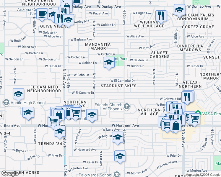 map of restaurants, bars, coffee shops, grocery stores, and more near 3940 West Las Palmaritas Drive in Phoenix