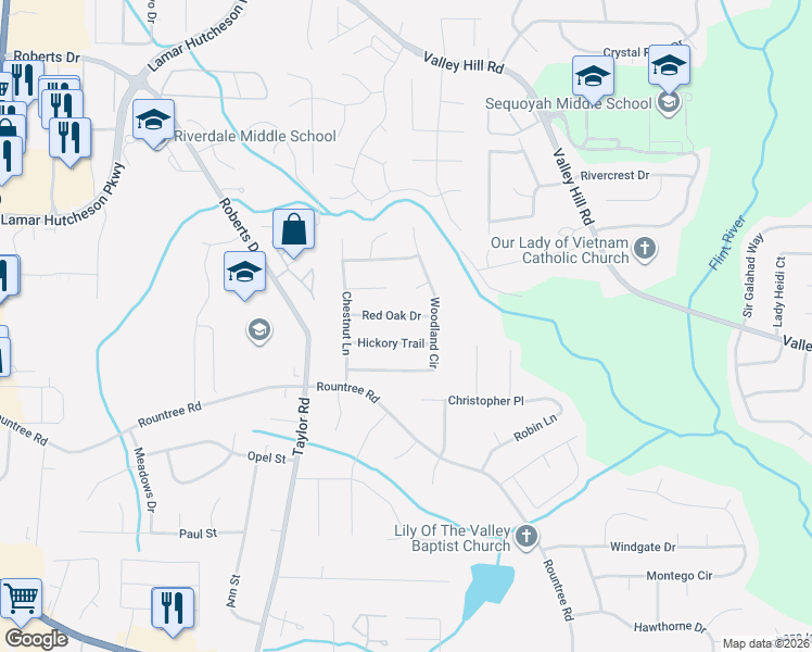 map of restaurants, bars, coffee shops, grocery stores, and more near 221 Red Oak Drive in Riverdale