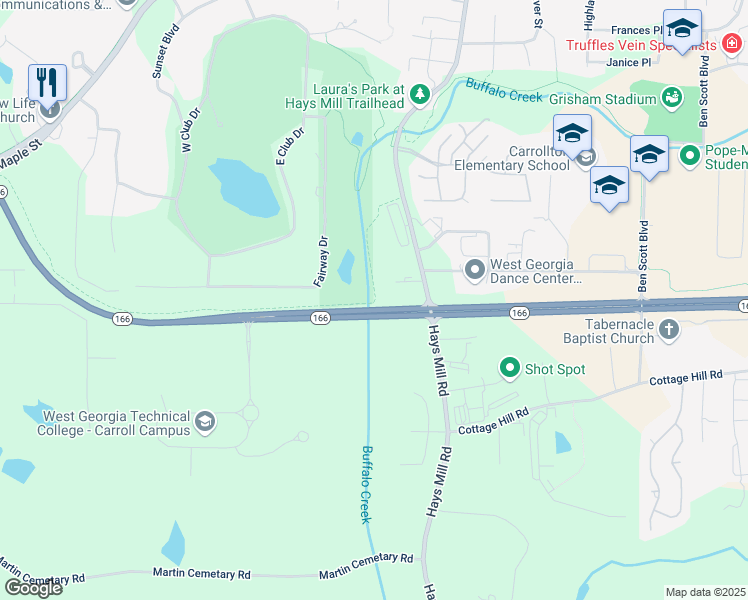 map of restaurants, bars, coffee shops, grocery stores, and more near 1250 Hays Mill Road in Carrollton