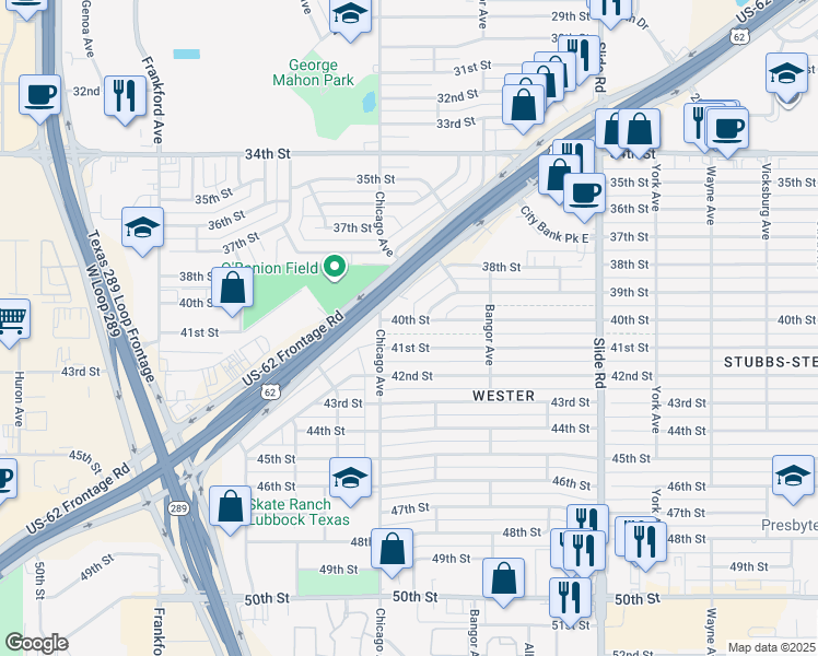 map of restaurants, bars, coffee shops, grocery stores, and more near 5428 39th Drive in Lubbock