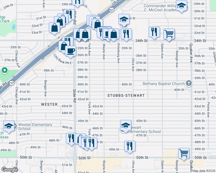 map of restaurants, bars, coffee shops, grocery stores, and more near 4915 40th Street in Lubbock