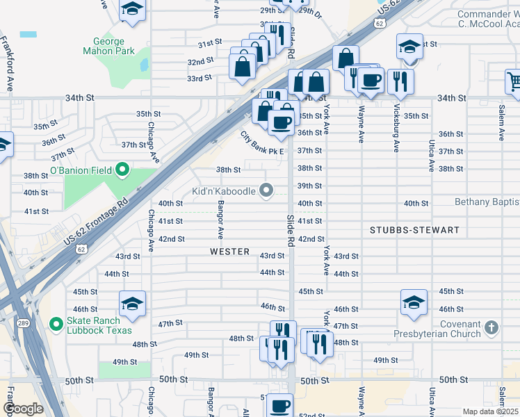 map of restaurants, bars, coffee shops, grocery stores, and more near 5217 40th Street in Lubbock