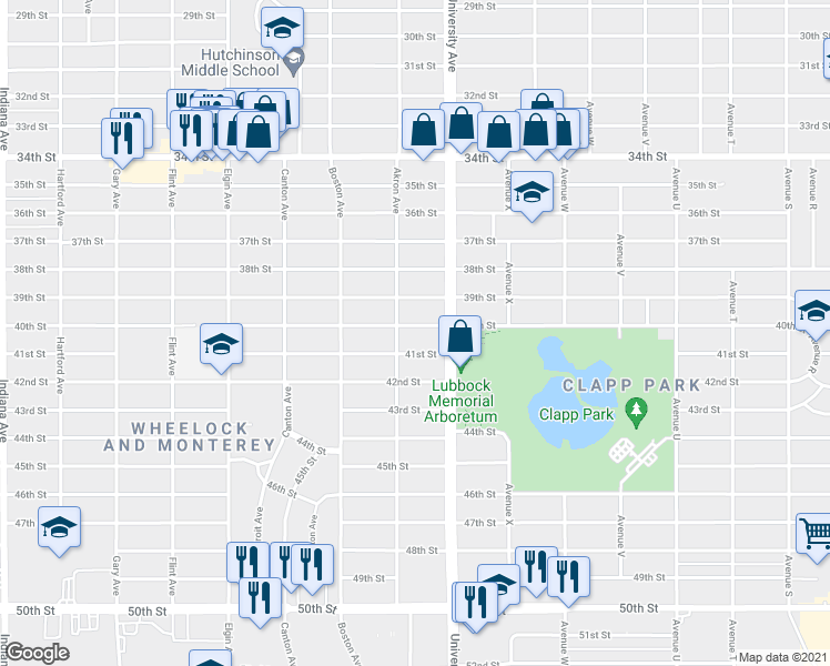 map of restaurants, bars, coffee shops, grocery stores, and more near 2515 40th Street in Lubbock