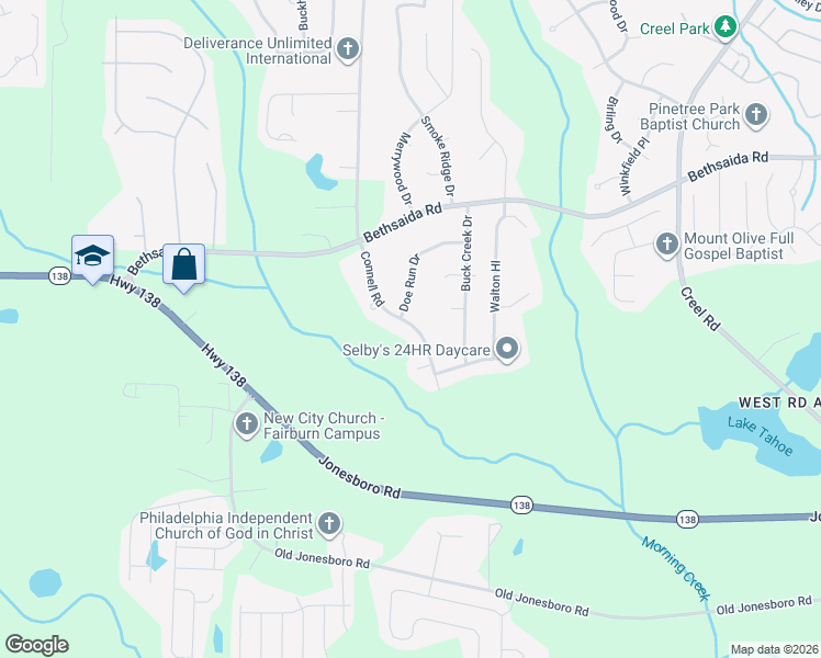 map of restaurants, bars, coffee shops, grocery stores, and more near 7335 Connell Road in Fairburn