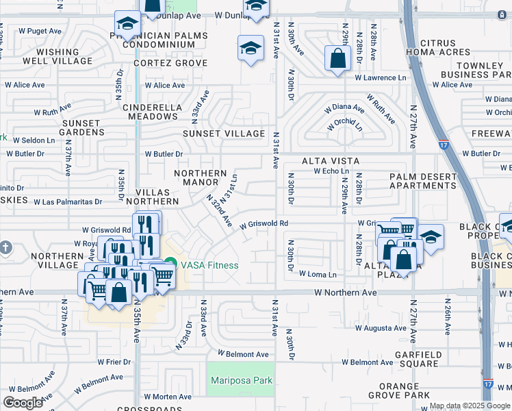 map of restaurants, bars, coffee shops, grocery stores, and more near 3119 West El Caminito Drive in Phoenix