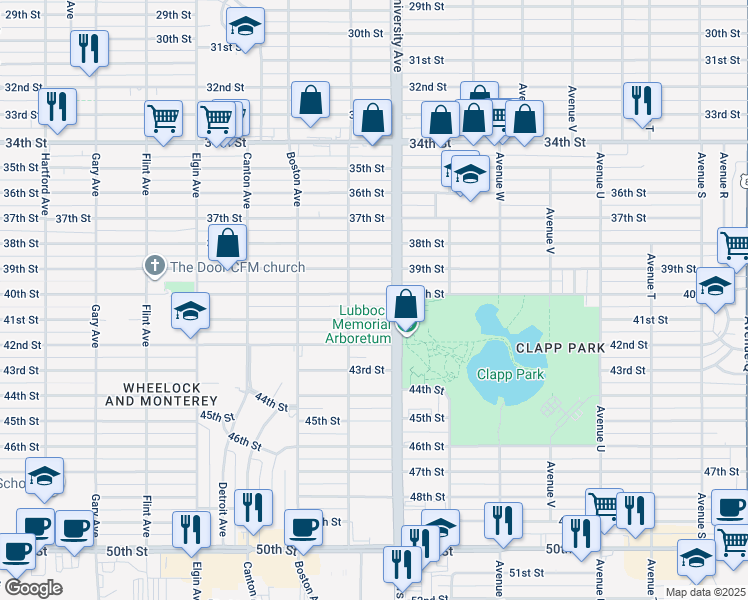 map of restaurants, bars, coffee shops, grocery stores, and more near 2511 40th Street in Lubbock