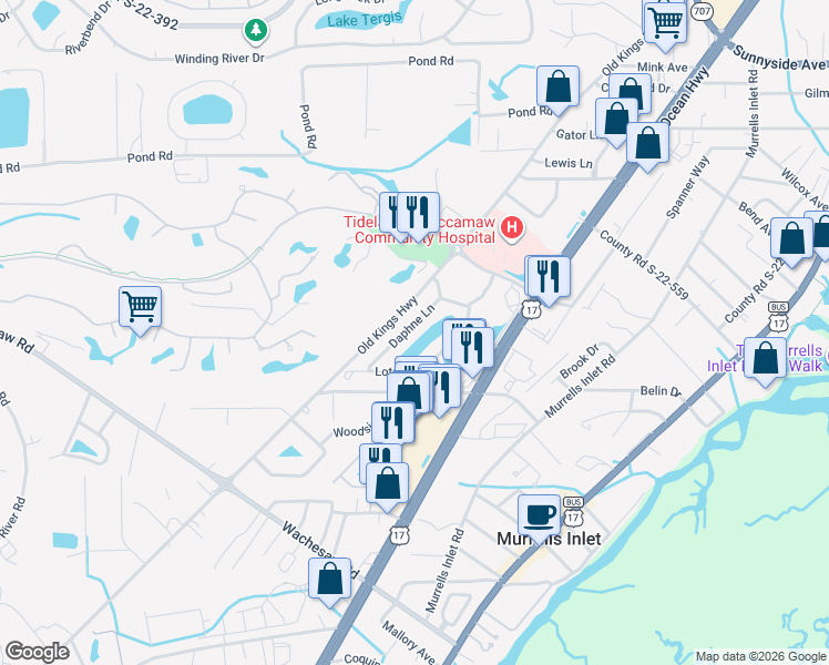 map of restaurants, bars, coffee shops, grocery stores, and more near 4386 Daphne Lane in Murrells Inlet