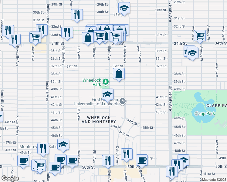 map of restaurants, bars, coffee shops, grocery stores, and more near 2817 40th Street in Lubbock