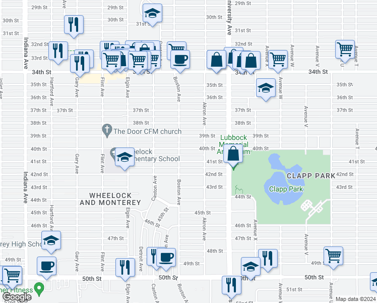 map of restaurants, bars, coffee shops, grocery stores, and more near 2613 40th Street in Lubbock