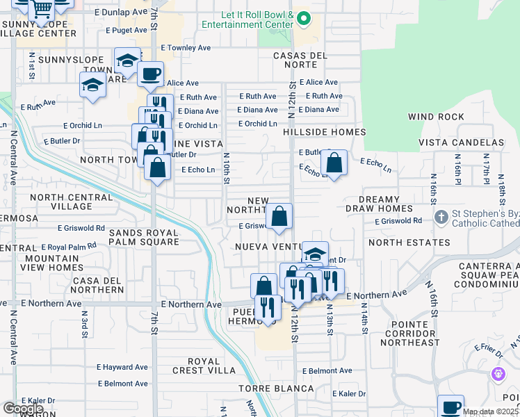 map of restaurants, bars, coffee shops, grocery stores, and more near 1041 East Las Palmaritas Drive in Phoenix