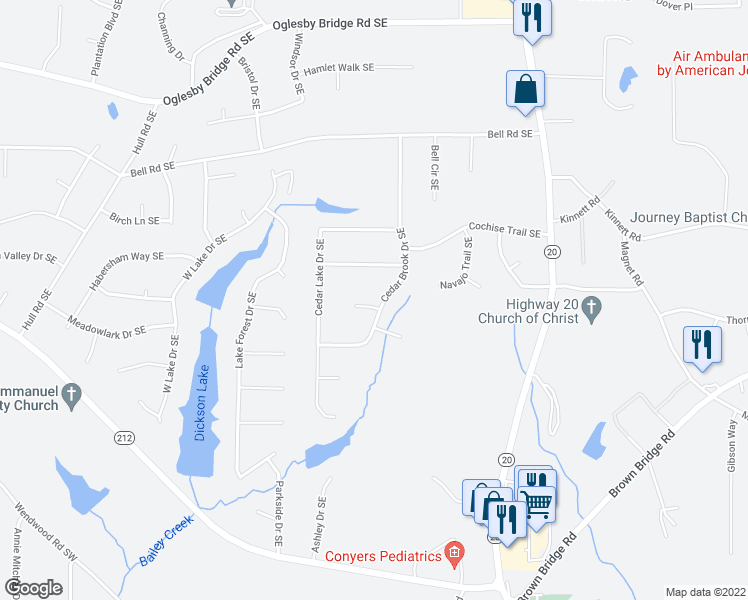 map of restaurants, bars, coffee shops, grocery stores, and more near 814 Brook Hollow Circle Southeast in Conyers