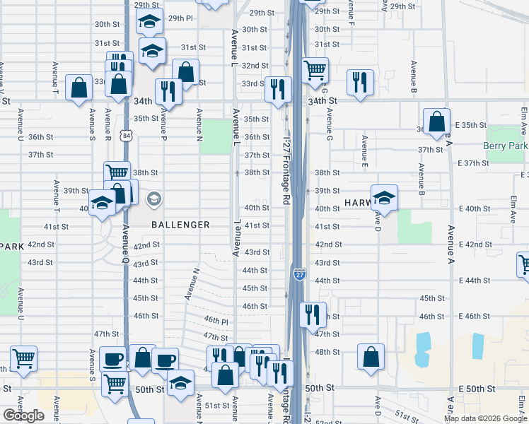map of restaurants, bars, coffee shops, grocery stores, and more near 1100-1110 40th Street in Lubbock