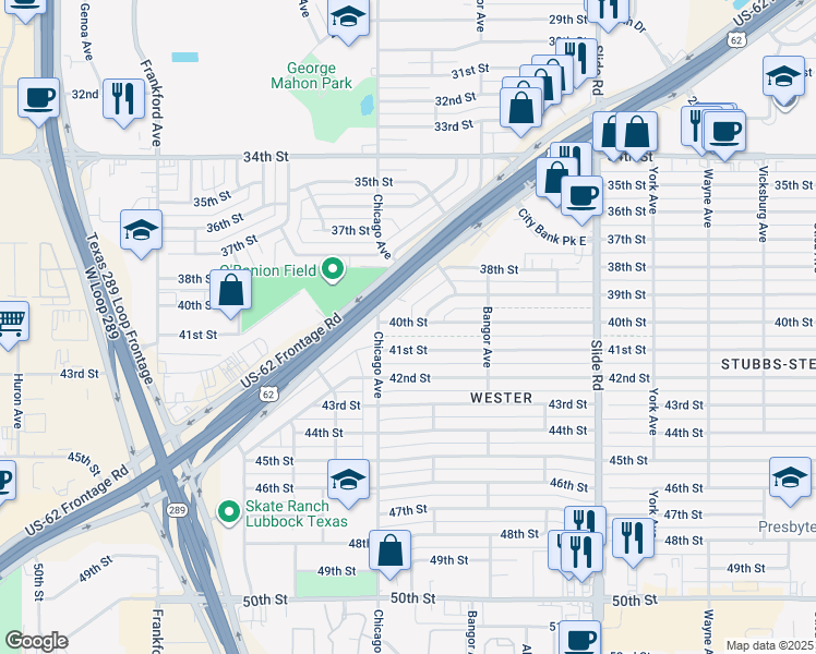 map of restaurants, bars, coffee shops, grocery stores, and more near 5428 39th Drive in Lubbock