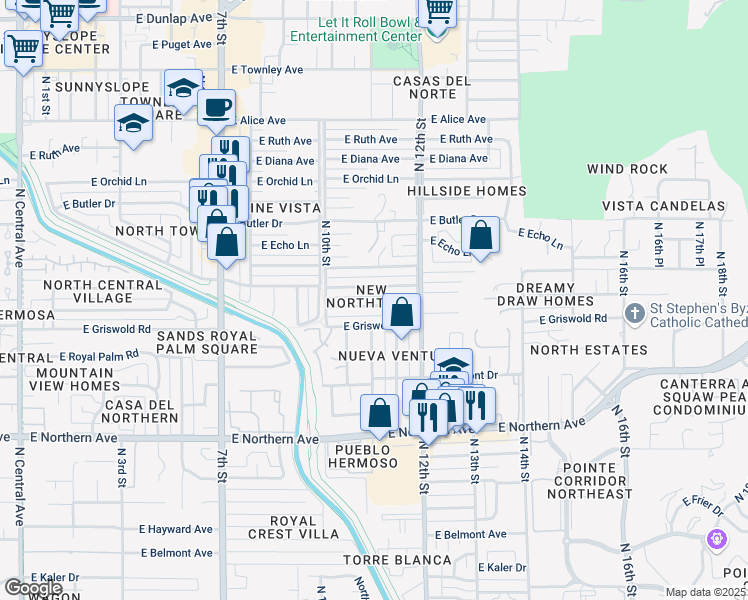 map of restaurants, bars, coffee shops, grocery stores, and more near 1041 East Las Palmaritas Drive in Phoenix