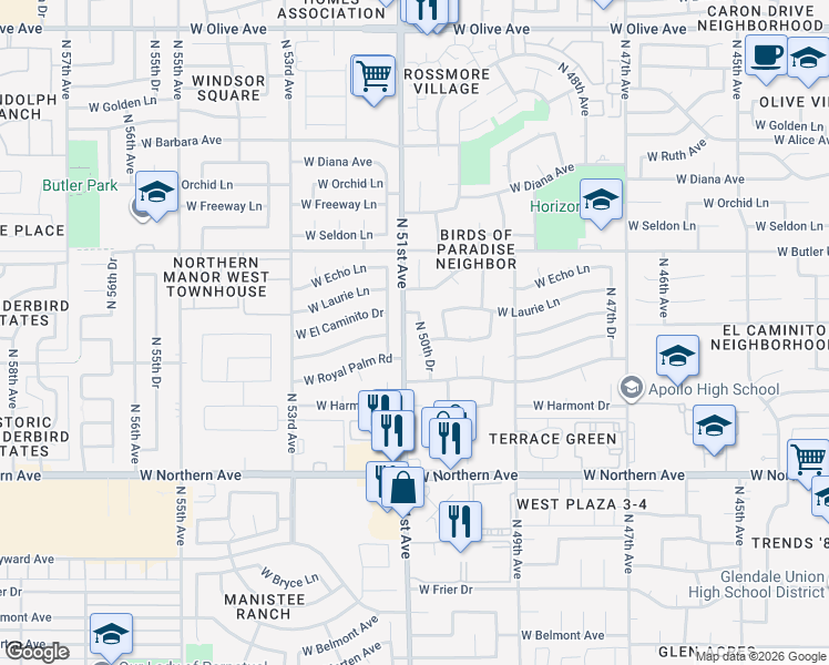 map of restaurants, bars, coffee shops, grocery stores, and more near 8356 North 50th Drive in Glendale