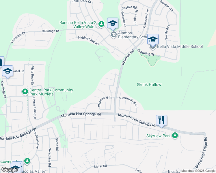 map of restaurants, bars, coffee shops, grocery stores, and more near 31424 Orchard Lane in Murrieta
