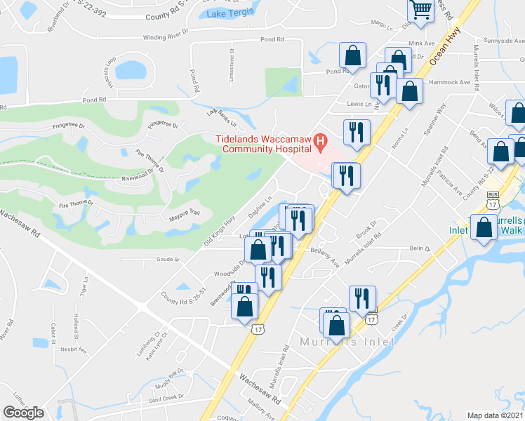 map of restaurants, bars, coffee shops, grocery stores, and more near 4386 Daphne Lane in Murrells Inlet