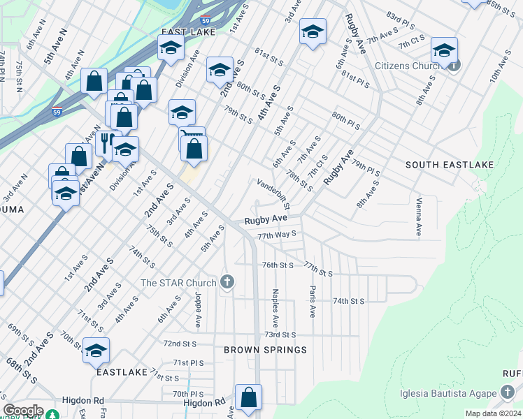 map of restaurants, bars, coffee shops, grocery stores, and more near 7740 Madrid Avenue in Birmingham