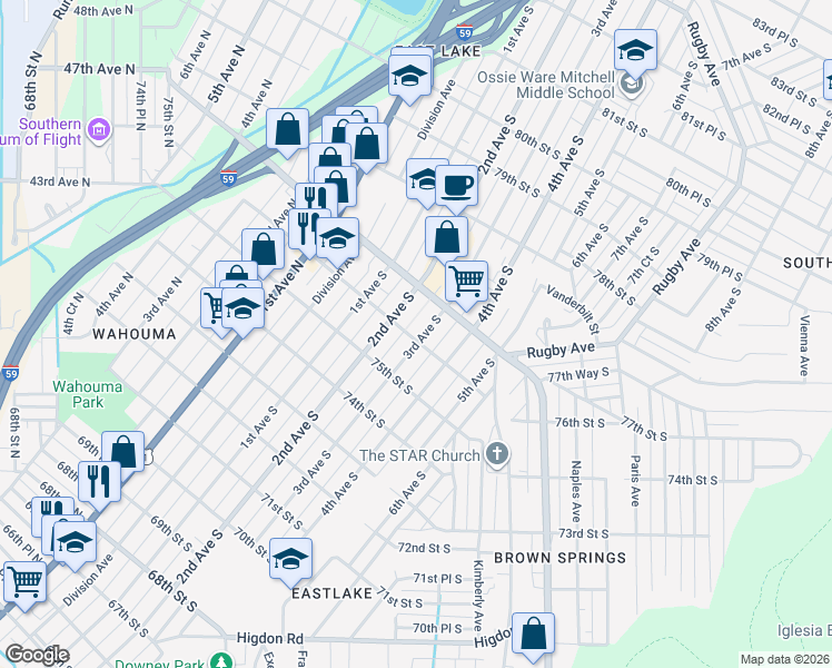 map of restaurants, bars, coffee shops, grocery stores, and more near 7616 3rd Avenue South in Birmingham
