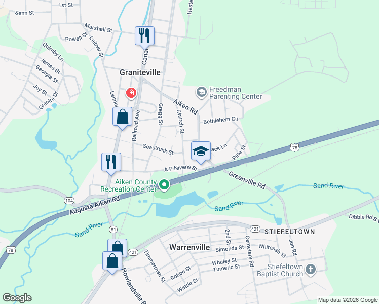 map of restaurants, bars, coffee shops, grocery stores, and more near 137 Church St in Graniteville
