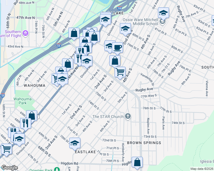 map of restaurants, bars, coffee shops, grocery stores, and more near 7616 3rd Avenue South in Birmingham