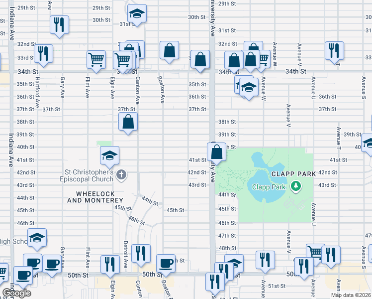 map of restaurants, bars, coffee shops, grocery stores, and more near 2601 40th Street in Lubbock