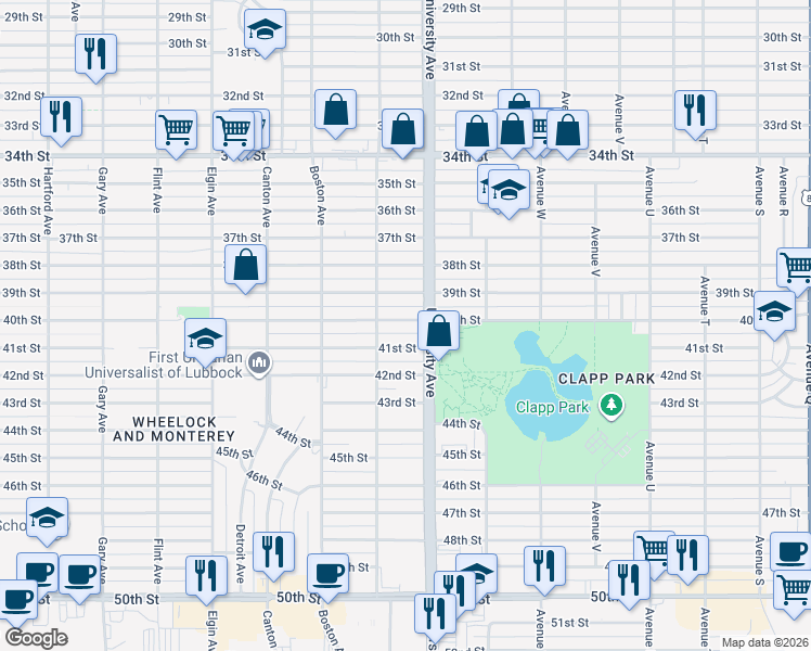 map of restaurants, bars, coffee shops, grocery stores, and more near 2506 40th Street in Lubbock