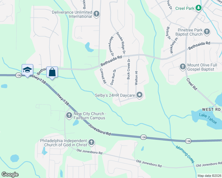 map of restaurants, bars, coffee shops, grocery stores, and more near 7295 Connell Road in Fairburn