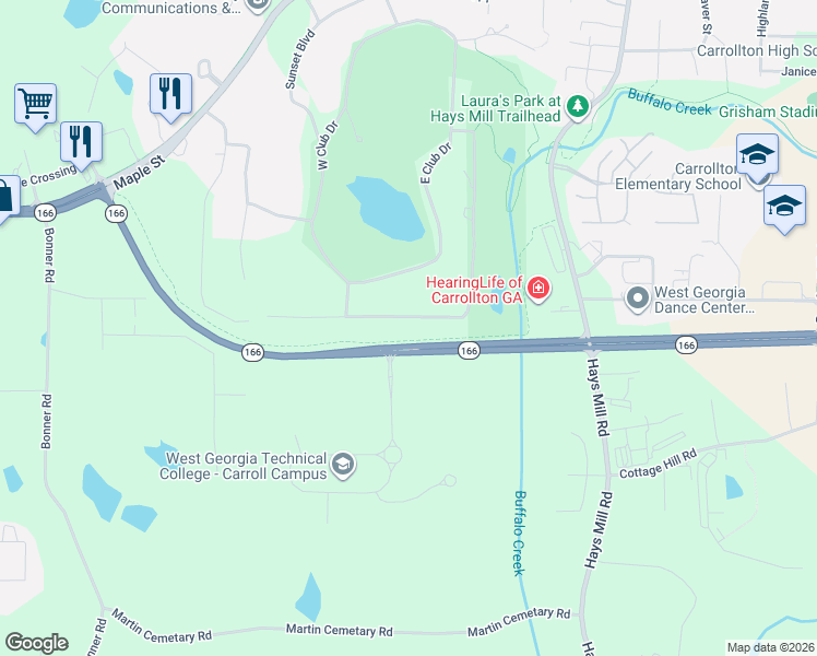 map of restaurants, bars, coffee shops, grocery stores, and more near 134 Fairway Drive in Carrollton