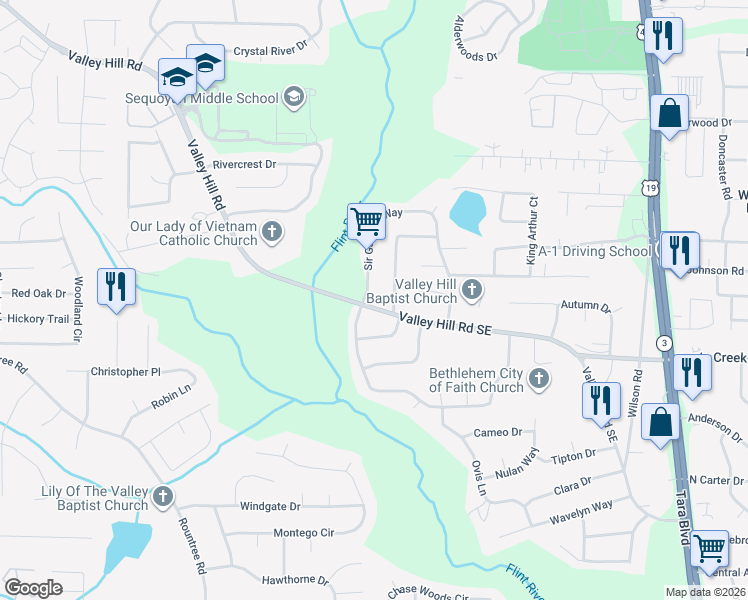 map of restaurants, bars, coffee shops, grocery stores, and more near 7019 Sir Galahad Way in Jonesboro