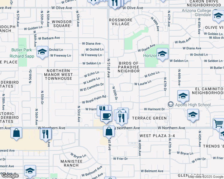 map of restaurants, bars, coffee shops, grocery stores, and more near 8356 North 50th Drive in Glendale