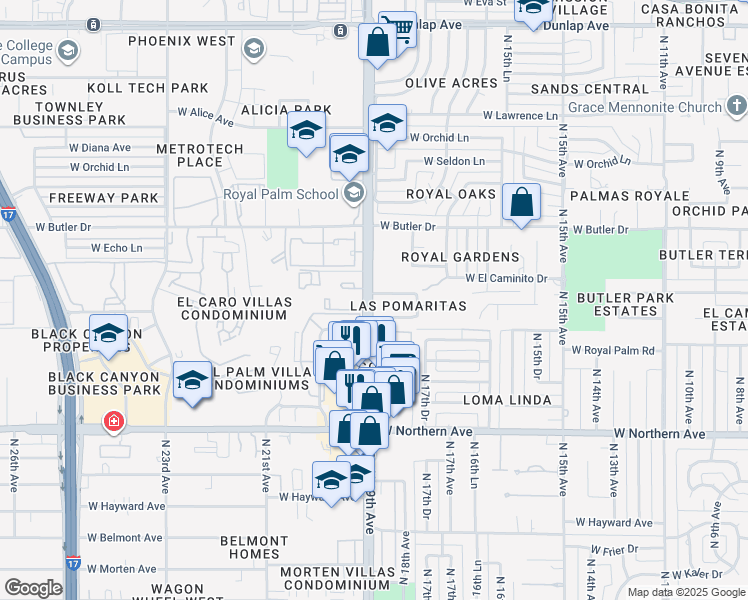 map of restaurants, bars, coffee shops, grocery stores, and more near 1841 West El Caminito Drive in Phoenix