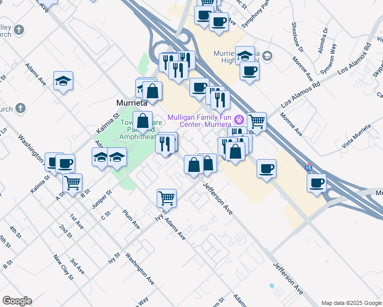 map of restaurants, bars, coffee shops, grocery stores, and more near Unnamed Road in Murrieta
