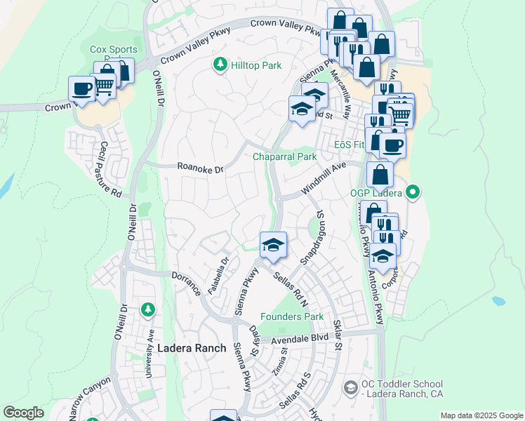 map of restaurants, bars, coffee shops, grocery stores, and more near 27 Ardennes Drive in Mission Viejo