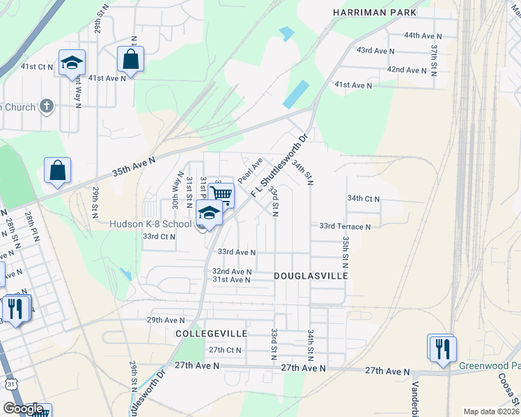 map of restaurants, bars, coffee shops, grocery stores, and more near 3220 Virginia Avenue in Birmingham