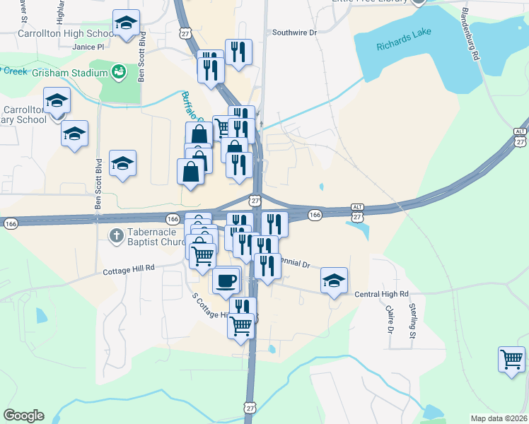 map of restaurants, bars, coffee shops, grocery stores, and more near Georgia 166 in Carrollton