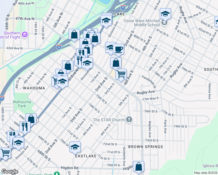 map of restaurants, bars, coffee shops, grocery stores, and more near 7604 3rd Avenue South in Birmingham