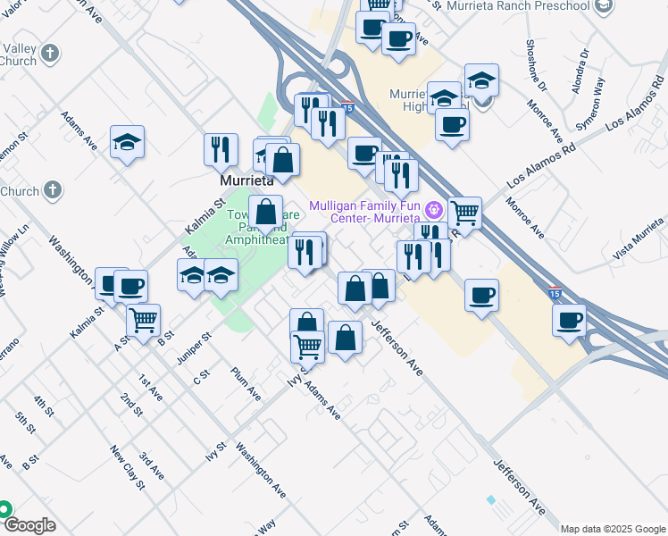 map of restaurants, bars, coffee shops, grocery stores, and more near 41410 Juniper Street in Murrieta