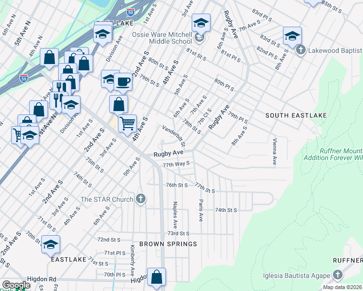 map of restaurants, bars, coffee shops, grocery stores, and more near 7715 7th Avenue South in Birmingham