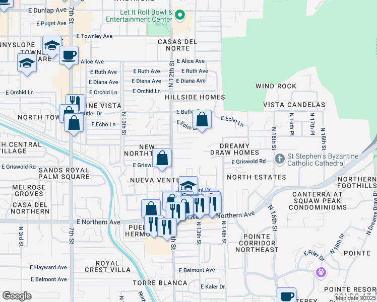 map of restaurants, bars, coffee shops, grocery stores, and more near 1214 East El Camino Drive in Phoenix