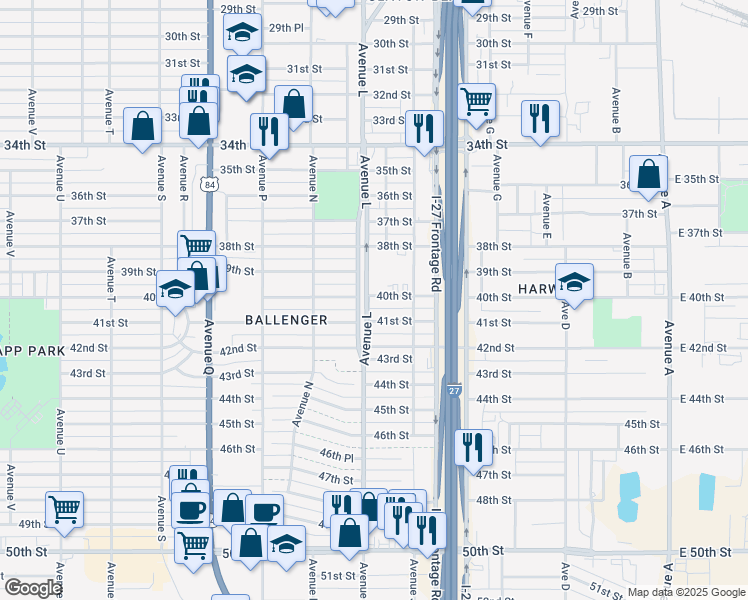 map of restaurants, bars, coffee shops, grocery stores, and more near 1117 40th Street in Lubbock