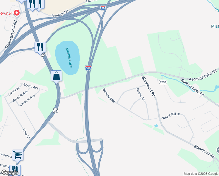 map of restaurants, bars, coffee shops, grocery stores, and more near 1643 Ascauga Lake Road in North Augusta