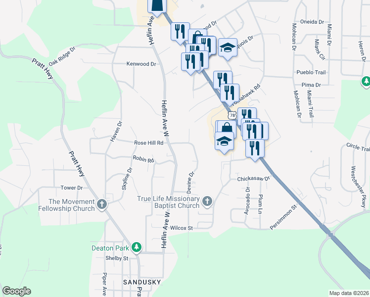 map of restaurants, bars, coffee shops, grocery stores, and more near 313 Rose Hill Road in Birmingham
