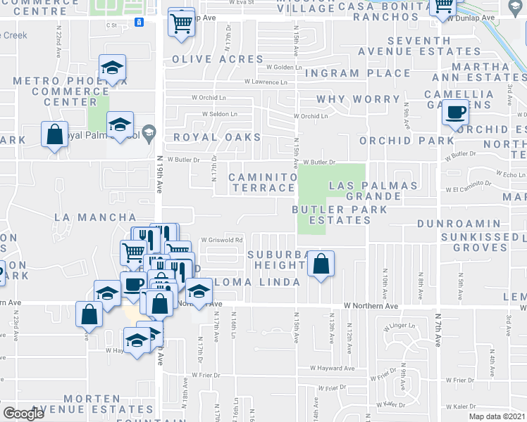 map of restaurants, bars, coffee shops, grocery stores, and more near 1544 West Las Palmaritas Drive in Phoenix
