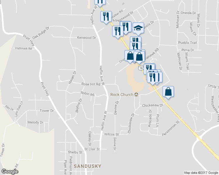 map of restaurants, bars, coffee shops, grocery stores, and more near 313 Rose Hill Road in Birmingham