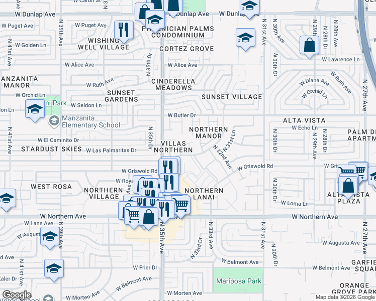 map of restaurants, bars, coffee shops, grocery stores, and more near 8215 North 34th Avenue in Phoenix