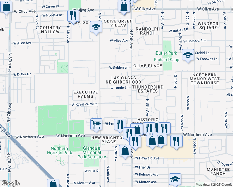 map of restaurants, bars, coffee shops, grocery stores, and more near 8232 North 59th Avenue in Glendale