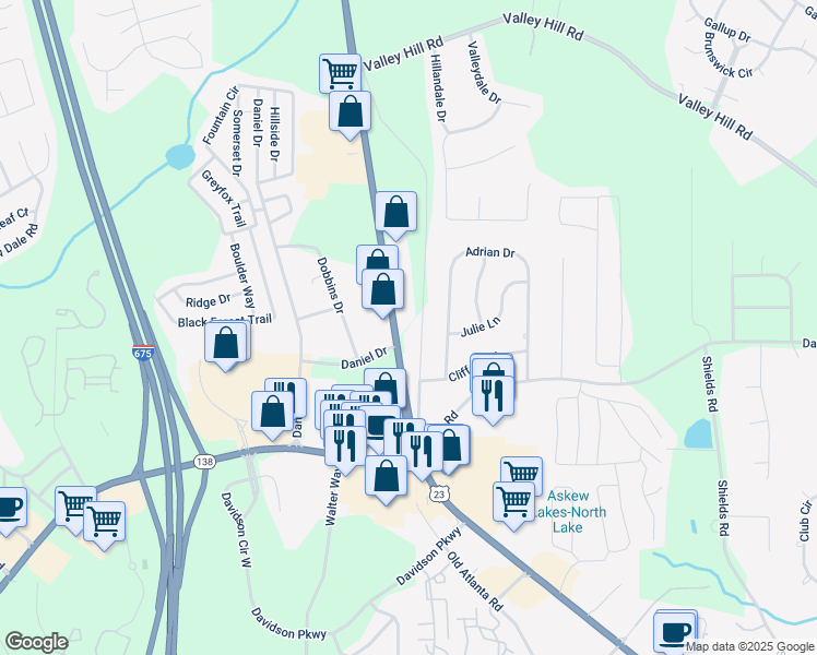 map of restaurants, bars, coffee shops, grocery stores, and more near 5708 North Henry Boulevard in Stockbridge