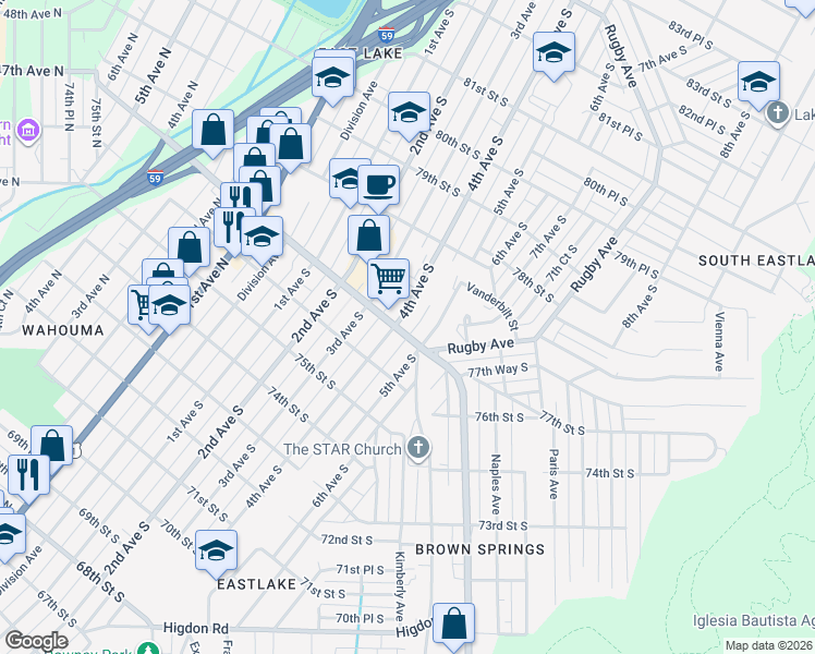 map of restaurants, bars, coffee shops, grocery stores, and more near 7720 5th Avenue South in Birmingham