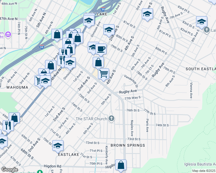 map of restaurants, bars, coffee shops, grocery stores, and more near 7720 5th Avenue South in Birmingham
